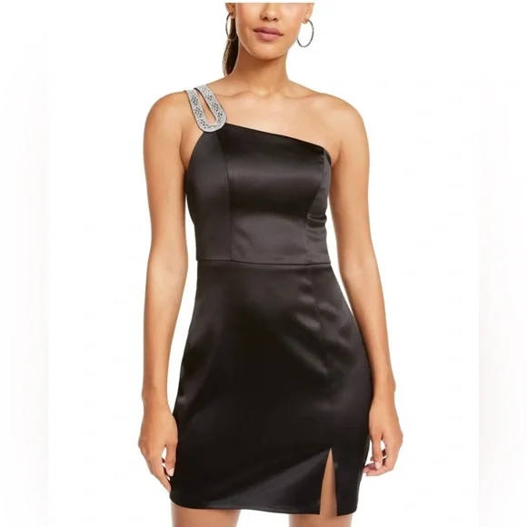 sequin hearts satin dress Sequin Hearts Juniors' Embellished One-Shoulder Satin Dress (3, Black)